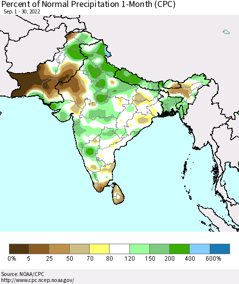 Southern Asia Percent of Normal Precipitation 1-Month (CPC) Thematic Map For 9/1/2022 - 9/30/2022
