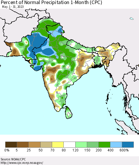 Southern Asia Percent of Normal Precipitation 1-Month (CPC) Thematic Map For 5/1/2023 - 5/31/2023