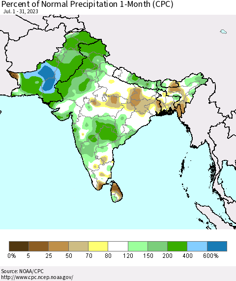 Southern Asia Percent of Normal Precipitation 1-Month (CPC) Thematic Map For 7/1/2023 - 7/31/2023