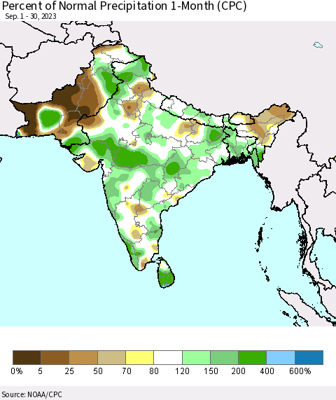 Southern Asia Percent of Normal Precipitation 1-Month (CPC) Thematic Map For 9/1/2023 - 9/30/2023