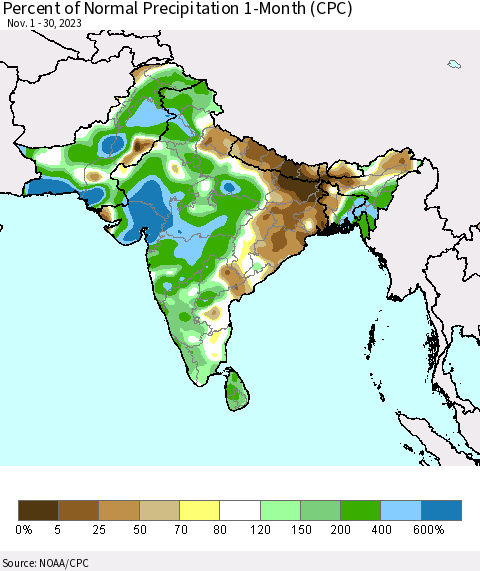 Southern Asia Percent of Normal Precipitation 1-Month (CPC) Thematic Map For 11/1/2023 - 11/30/2023