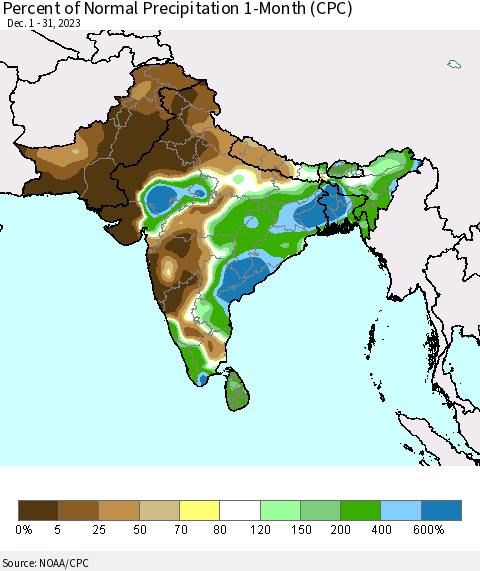 Southern Asia Percent of Normal Precipitation 1-Month (CPC) Thematic Map For 12/1/2023 - 12/31/2023