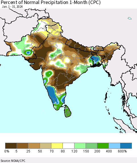 Southern Asia Percent of Normal Precipitation 1-Month (CPC) Thematic Map For 1/1/2024 - 1/31/2024