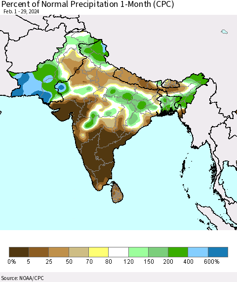 Southern Asia Percent of Normal Precipitation 1-Month (CPC) Thematic Map For 2/1/2024 - 2/29/2024