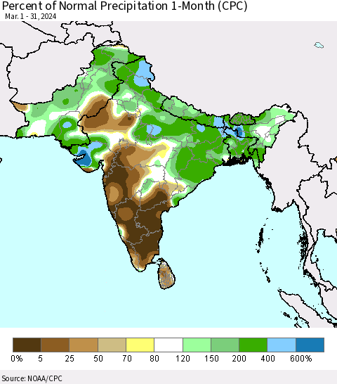 Southern Asia Percent of Normal Precipitation 1-Month (CPC) Thematic Map For 3/1/2024 - 3/31/2024