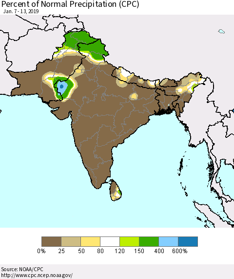 Southern Asia Percent of Normal Precipitation (CPC) Thematic Map For 1/7/2019 - 1/13/2019