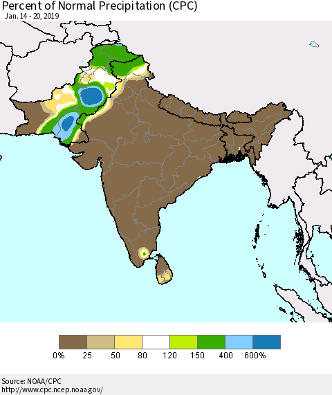 Southern Asia Percent of Normal Precipitation (CPC) Thematic Map For 1/14/2019 - 1/20/2019