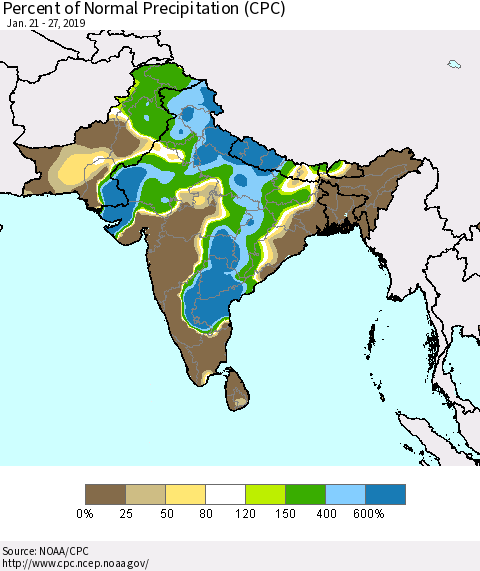 Southern Asia Percent of Normal Precipitation (CPC) Thematic Map For 1/21/2019 - 1/27/2019