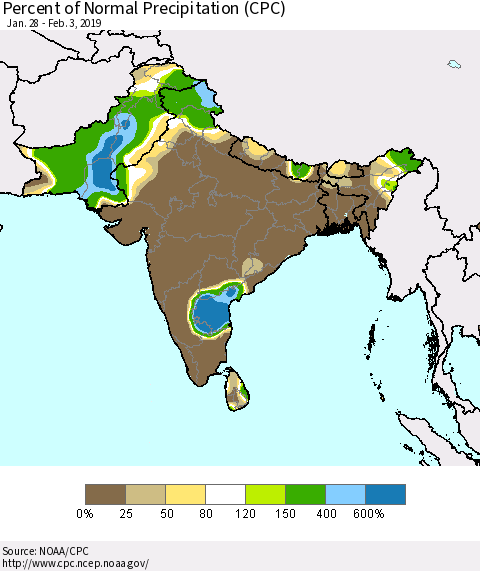 Southern Asia Percent of Normal Precipitation (CPC) Thematic Map For 1/28/2019 - 2/3/2019