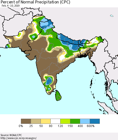 Southern Asia Percent of Normal Precipitation (CPC) Thematic Map For 2/4/2019 - 2/10/2019
