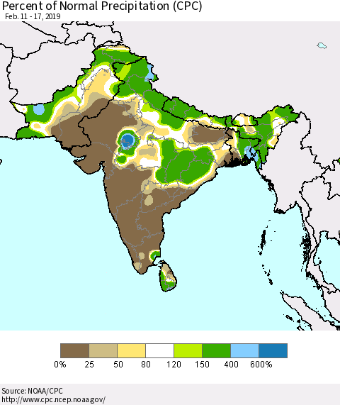 Southern Asia Percent of Normal Precipitation (CPC) Thematic Map For 2/11/2019 - 2/17/2019