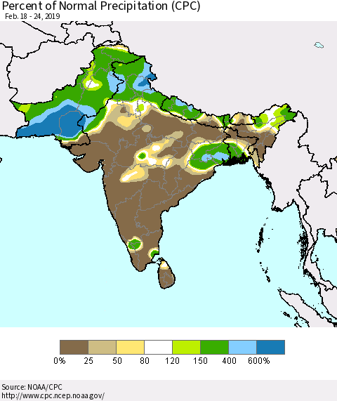 Southern Asia Percent of Normal Precipitation (CPC) Thematic Map For 2/18/2019 - 2/24/2019