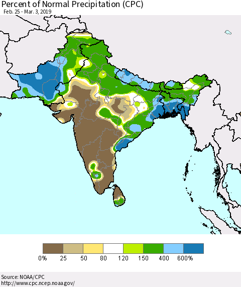 Southern Asia Percent of Normal Precipitation (CPC) Thematic Map For 2/25/2019 - 3/3/2019