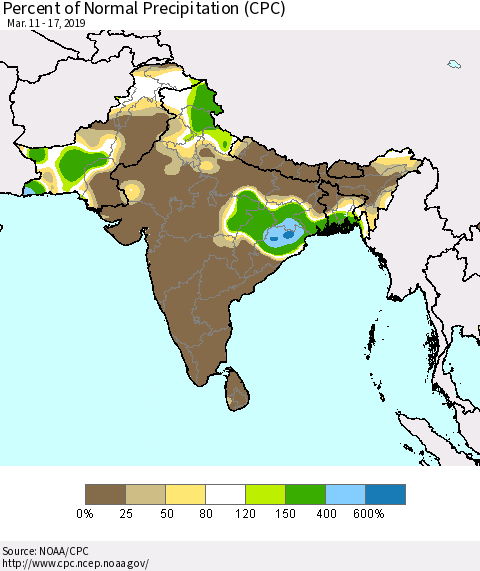 Southern Asia Percent of Normal Precipitation (CPC) Thematic Map For 3/11/2019 - 3/17/2019
