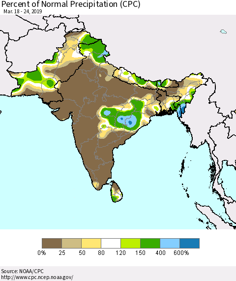 Southern Asia Percent of Normal Precipitation (CPC) Thematic Map For 3/18/2019 - 3/24/2019