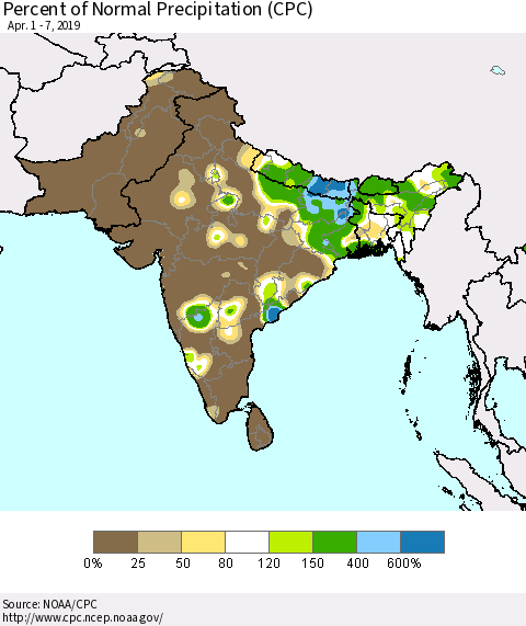 Southern Asia Percent of Normal Precipitation (CPC) Thematic Map For 4/1/2019 - 4/7/2019