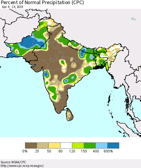 Southern Asia Percent of Normal Precipitation (CPC) Thematic Map For 4/8/2019 - 4/14/2019