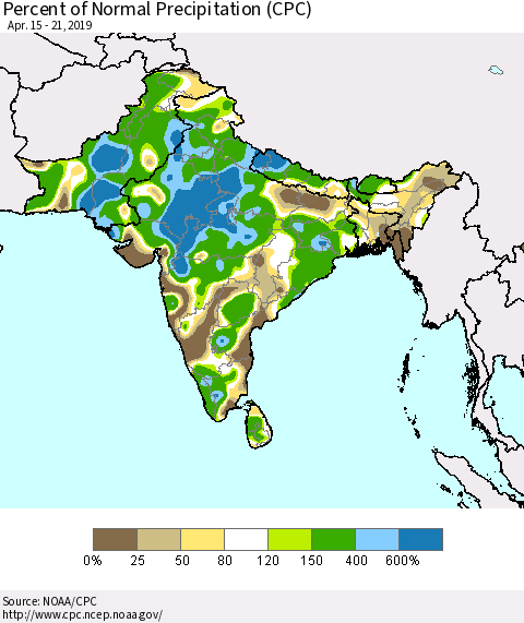Southern Asia Percent of Normal Precipitation (CPC) Thematic Map For 4/15/2019 - 4/21/2019