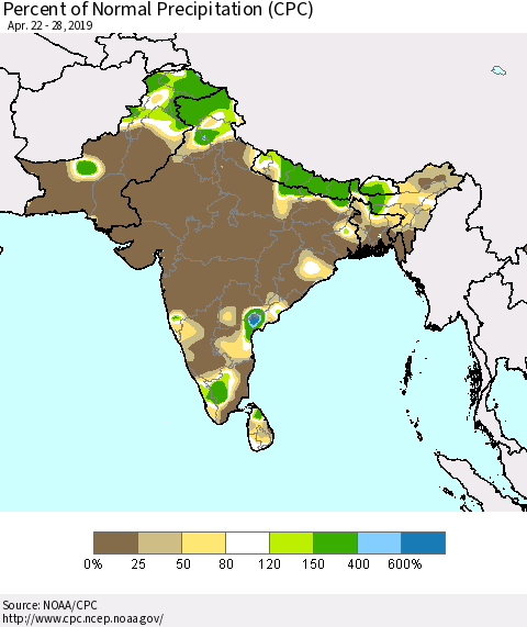 Southern Asia Percent of Normal Precipitation (CPC) Thematic Map For 4/22/2019 - 4/28/2019