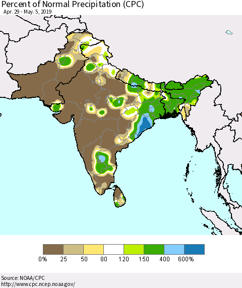 Southern Asia Percent of Normal Precipitation (CPC) Thematic Map For 4/29/2019 - 5/5/2019