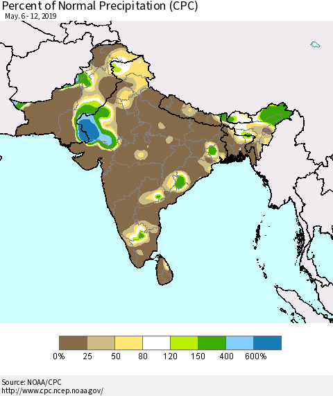 Southern Asia Percent of Normal Precipitation (CPC) Thematic Map For 5/6/2019 - 5/12/2019