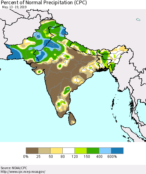 Southern Asia Percent of Normal Precipitation (CPC) Thematic Map For 5/13/2019 - 5/19/2019