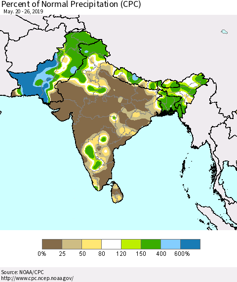 Southern Asia Percent of Normal Precipitation (CPC) Thematic Map For 5/20/2019 - 5/26/2019
