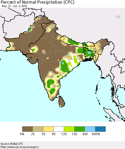 Southern Asia Percent of Normal Precipitation (CPC) Thematic Map For 5/27/2019 - 6/2/2019