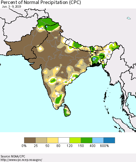 Southern Asia Percent of Normal Precipitation (CPC) Thematic Map For 6/3/2019 - 6/9/2019