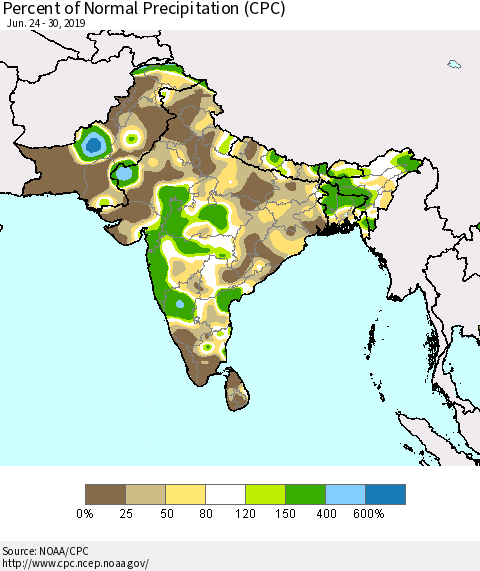 Southern Asia Percent of Normal Precipitation (CPC) Thematic Map For 6/24/2019 - 6/30/2019