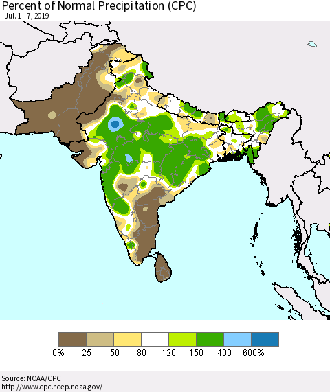 Southern Asia Percent of Normal Precipitation (CPC) Thematic Map For 7/1/2019 - 7/7/2019