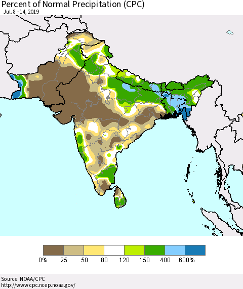 Southern Asia Percent of Normal Precipitation (CPC) Thematic Map For 7/8/2019 - 7/14/2019