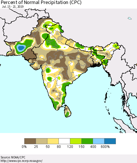 Southern Asia Percent of Normal Precipitation (CPC) Thematic Map For 7/15/2019 - 7/21/2019