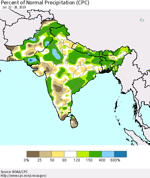 Southern Asia Percent of Normal Precipitation (CPC) Thematic Map For 7/22/2019 - 7/28/2019
