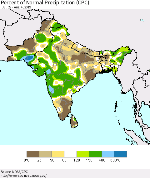 Southern Asia Percent of Normal Precipitation (CPC) Thematic Map For 7/29/2019 - 8/4/2019