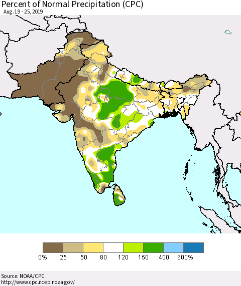 Southern Asia Percent of Normal Precipitation (CPC) Thematic Map For 8/19/2019 - 8/25/2019