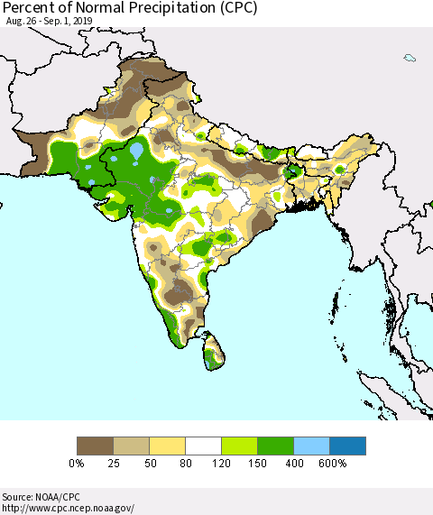 Southern Asia Percent of Normal Precipitation (CPC) Thematic Map For 8/26/2019 - 9/1/2019