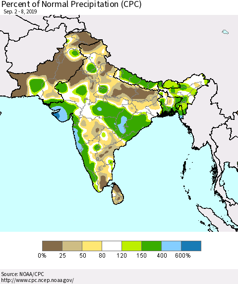 Southern Asia Percent of Normal Precipitation (CPC) Thematic Map For 9/2/2019 - 9/8/2019