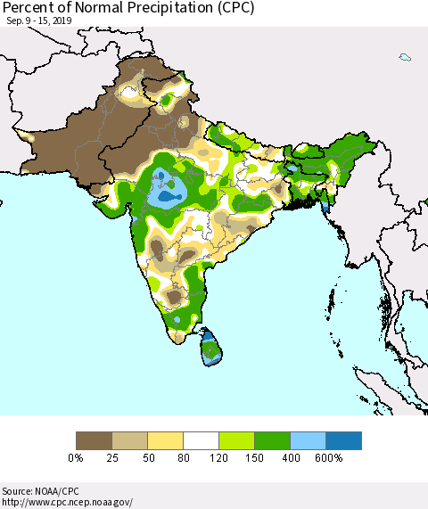 Southern Asia Percent of Normal Precipitation (CPC) Thematic Map For 9/9/2019 - 9/15/2019