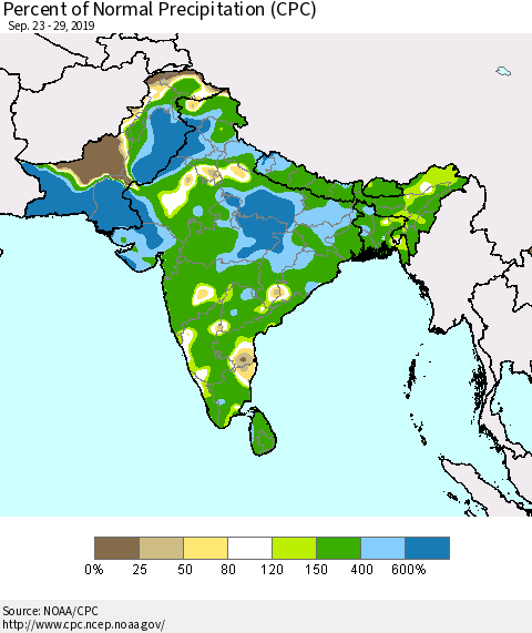 Southern Asia Percent of Normal Precipitation (CPC) Thematic Map For 9/23/2019 - 9/29/2019