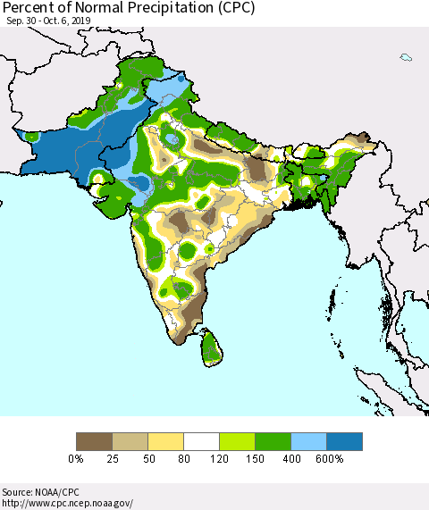 Southern Asia Percent of Normal Precipitation (CPC) Thematic Map For 9/30/2019 - 10/6/2019