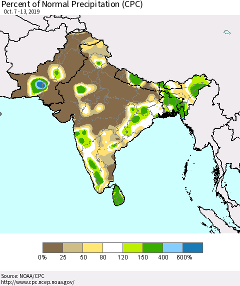 Southern Asia Percent of Normal Precipitation (CPC) Thematic Map For 10/7/2019 - 10/13/2019