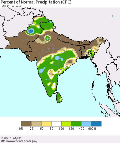 Southern Asia Percent of Normal Precipitation (CPC) Thematic Map For 10/14/2019 - 10/20/2019