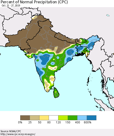 Southern Asia Percent of Normal Precipitation (CPC) Thematic Map For 10/21/2019 - 10/27/2019