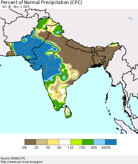 Southern Asia Percent of Normal Precipitation (CPC) Thematic Map For 10/28/2019 - 11/3/2019