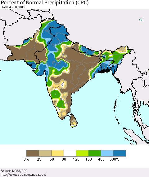 Southern Asia Percent of Normal Precipitation (CPC) Thematic Map For 11/4/2019 - 11/10/2019