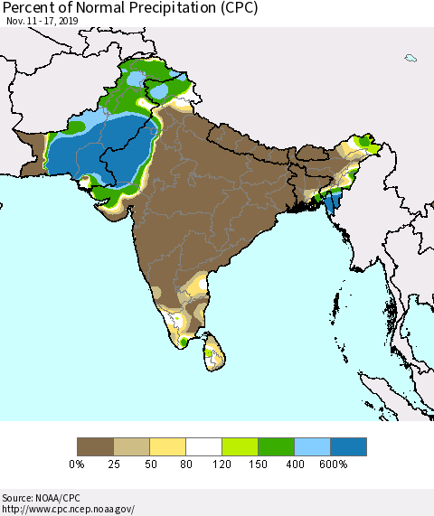Southern Asia Percent of Normal Precipitation (CPC) Thematic Map For 11/11/2019 - 11/17/2019