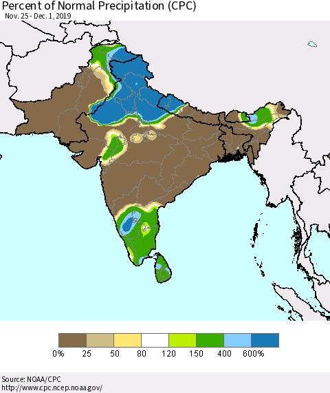 Southern Asia Percent of Normal Precipitation (CPC) Thematic Map For 11/25/2019 - 12/1/2019