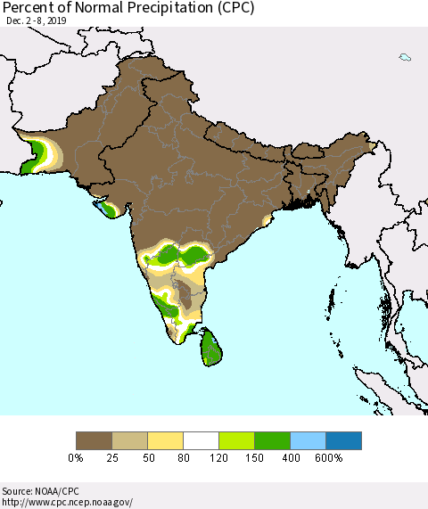 Southern Asia Percent of Normal Precipitation (CPC) Thematic Map For 12/2/2019 - 12/8/2019