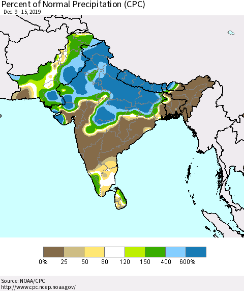 Southern Asia Percent of Normal Precipitation (CPC) Thematic Map For 12/9/2019 - 12/15/2019